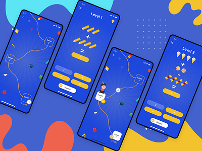 Addition And Subtraction App - Play Quiz Screens app design character design clean ui design game app game design graphic design illustration kids app kids illustration learning app level design level up mobile app product design ui user experience design user interface design ux visual design