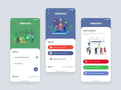 Dollarback Mobile app clean clean ui colorful creative design illustrations mobile app modern design product design screenshots sign in sign in ui sign up ui signup ui user experience design user interface design ux verify visual design white