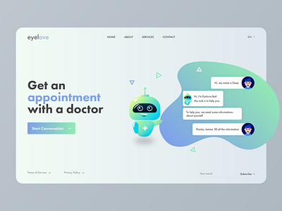 Eyelove Chatbot Landing Page artificialintelligence character design chat bot chat bubbles chatbot clean ui creative doctor appointment gradient color homepage landing page minimal modern design product design robot typogaphy ui ux visual design web design