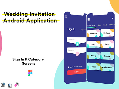 Wedding Invitation Android Application Design 2020 android android app android app design application design application ui branding cardinal figma illustration invitation logo sign in sign up vector web website wedding invitation