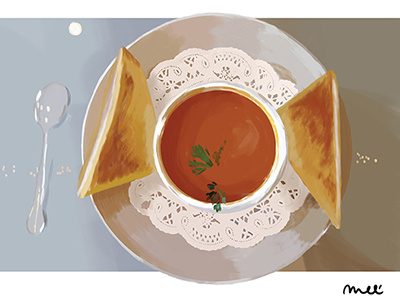 Tomato Soup with Chicken Salad Sandwich aesthetics art food illustration melmelart painting photoshop