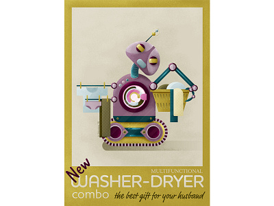 New Multifunctional Washer-Dryer Combo illustration poster retro robot