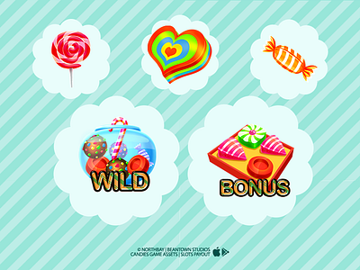 Slots Payout - Candy Collection android blue bonus candies cotton candy cute design game green heart illustration ios lollipop lolly mobile orange purple rainbow red stripes