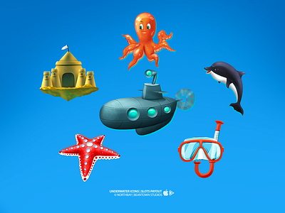 Underwater Icons - Slots Payout android cute design dolphin game goggles illustration ios mobile octopus red sandcastle slots snorkel starfish submarine under the sea underwater water yellow