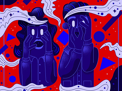 Lost blue character couple face man red shapes smoke space woman