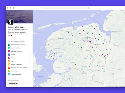 Map with locally produced food application categories colorful design desktop interface map maps profile ui web web app