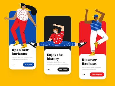 Bauhaus App Onboarding app onboarding bauhaus bauhaus100 education app mobile app mobile app design mobile ui onboarding illustration ui design ui ux ux design welcome screens