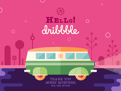 Hello Dribbble! Hello everyone! art debut debut shot dribbble flat design hello icon illustration invite minivan retro van