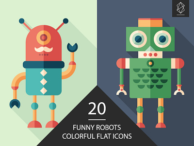 Funny robots colorful flat icon set android button character cyborg design flat icon illustration monster pattern robot symbol technology