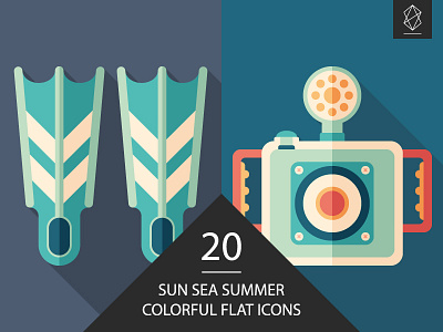 Sun sea summer flat icon set