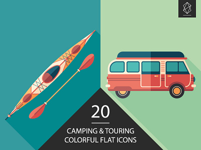 Camping and touring flat icon set button camping car flat icon illustration kayak minivan sea summer touring travel van
