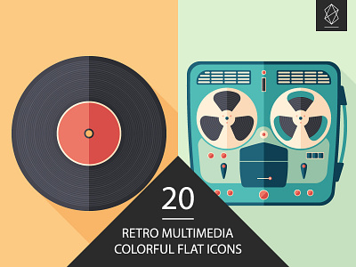 Retro multimedia flat icon set audio button design flat icon illustration media multimedia music recorder retro vintage vinyl
