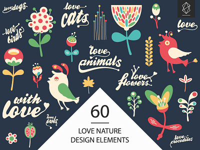 Love nature vector design elements animals birds design flowers graphic hand drawn illustration lettering love nature pattern set