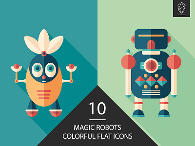Magic robots flat square icon set