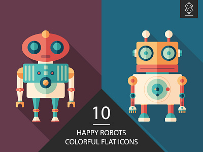 Happy robots flat square icon set android button character cyborg design flat icon illustration monster pattern robot set symbol