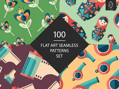 100 Flat art seamless patterns set design fashion flat icon flowers graphic media multimedia music nature seamless pattern set sports