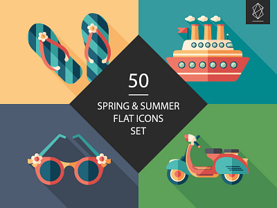 50 Spring and summer flat icons set art button design flat icon graphic illustration sea set spring summer travel vector