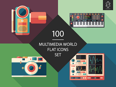 100 Multimedia world flat icons set audio button camera design flat icon illustration media multimedia music retro sound vinyl