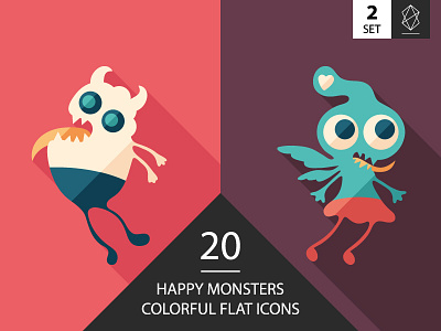 Monsters flat square icon set 2 button character creature demon design flat icon graphic happy horror love monster zombie