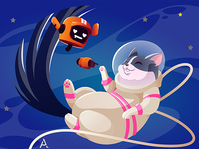 Space cat! art cat cats cg cgart digital flat illustration kids robots space star vector