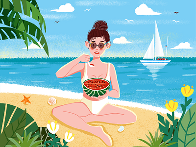 A girl who eats watermelon in summer banners design eat fruit girl illustration love music sea summer sun watermelon