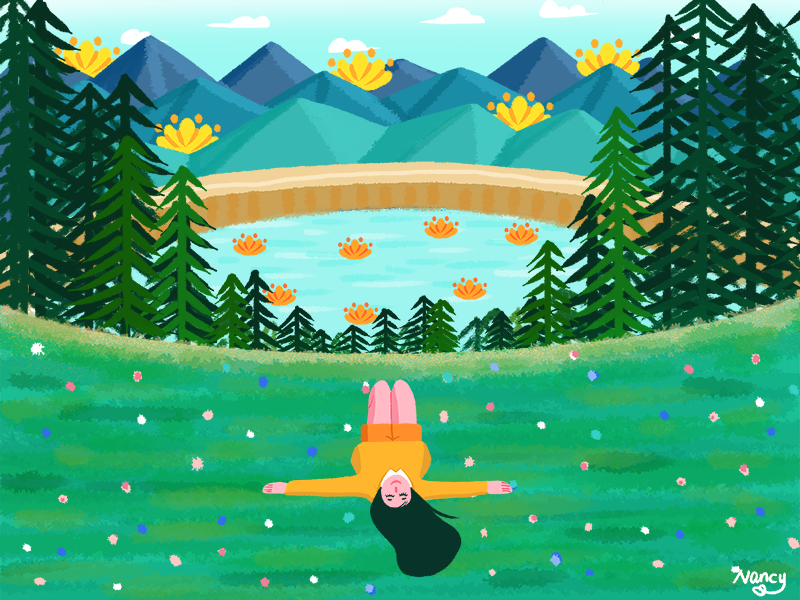 Leisure time lake break happy lie mountain girl forest leisure time summer illustration