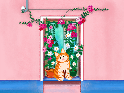 Cat and Balcony balconies balcony cat design flower happy illustration love palnt summer sun sunny ui