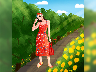 Summer is about to pass. design girl happy illustration love park skirt sky summer sun