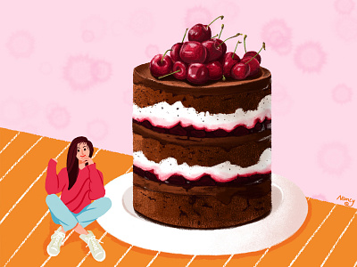 Cherry Chocolate Cake cake cherry chocolate design desk food girl happy illustration love sweet