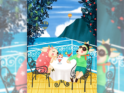 A holiday by the sea in France cake cocktail dessert enjoy girl happy holiday illustration sea sheep