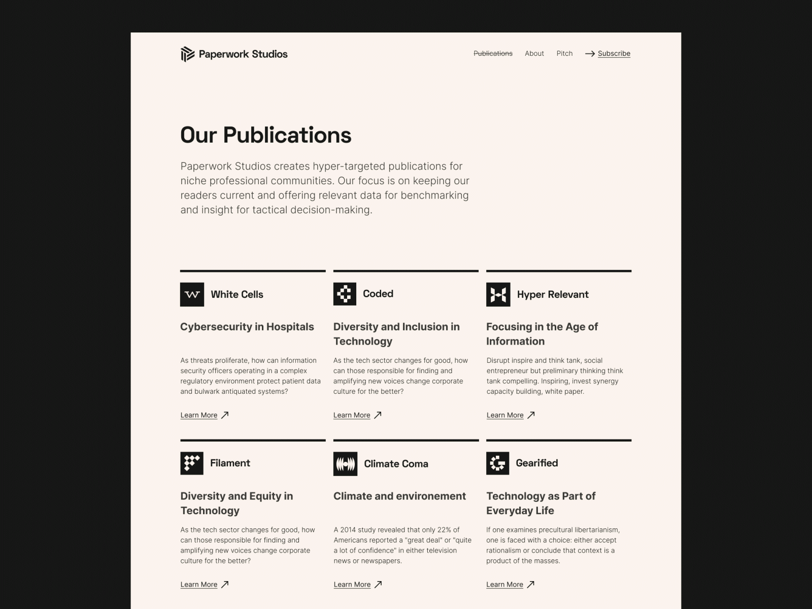Paperwork Studios website - other pages