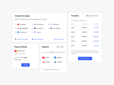 Tipping platform UI components balance card component dashboard embed finance fintech list minimal payment product design simple table tipping transactions transfers ui design uiux web app web design