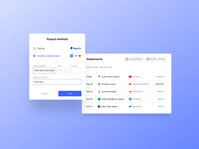 Tipping platform UI components 2 credit card dashboard finance form input list minimal payment product product design statements table tipping transactions ui ui design ui ux ux web app