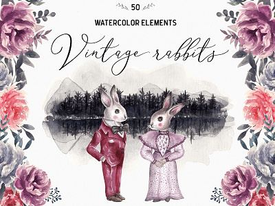 Wedding Watercolor Rabbits book cover character clipart design drawing greeting card illustration invitation rabbits vintage watercolor wedding