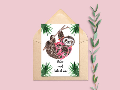 Sloth - Greeting Card blogger book cover character clipart design drawing dribbble greeting card illustration invitation invite kids logo party sloth watercolor