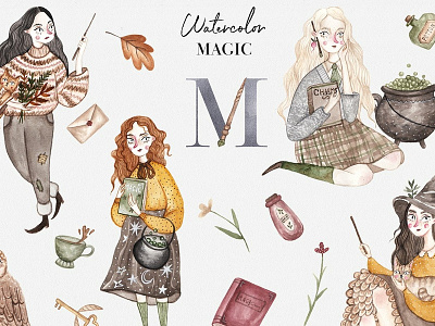 Watercolor Autumn Magic Collection blogger book cover card character clipart design drawing greeting card illustration invitation watercolor