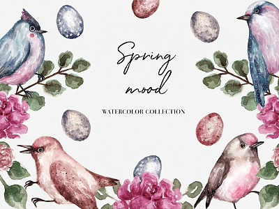 Spring Mood Watercolor Collection birds blogger blossom book cover card clipart design design elements drawing easter easter egg flowers greenery greeting card illustration leaves spring watercolor watercolor art
