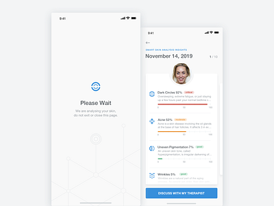 My Skin Fitness - iOS App - Loading & Results Screens ai analytics app artificial intelligence beauty clean cosmetic graph health interaction ios medical mobile ui product design sketch skin skincare stats ui ux
