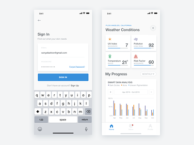My Skin Fitness - iOS App - Sign In & Home Screens ai analitics app artificial intelligence clean cosmetic graph health interaction ios medical mobile mobile ui product design sketch skicare skin stats ui ux