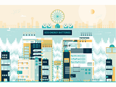 Eco City city city landscape city view eco batteries eco city ecological windmills ecology energy future city illustration life in a city modern city modern waterfall natural resources solar panels