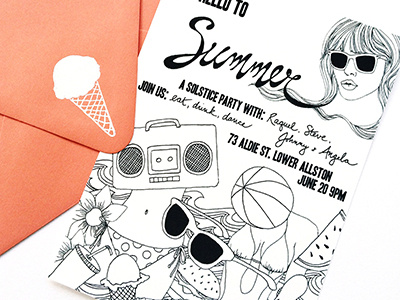 Summer Party Invitation graphic design hand drawn illustration invitations line drawing stationery typography