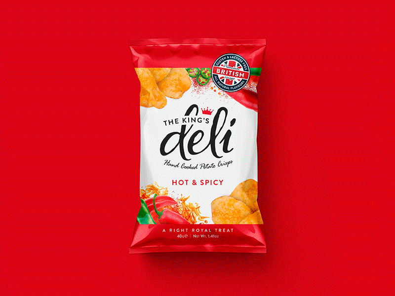 The King's Deli Crisps animation brand identity branding crisps foodpackaging gif graphic design label design logo logo design package design packaging packet typography