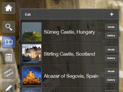 Castle Tour App - Bookmarks 3d castle history interface medieval menu tour transparent ui ux