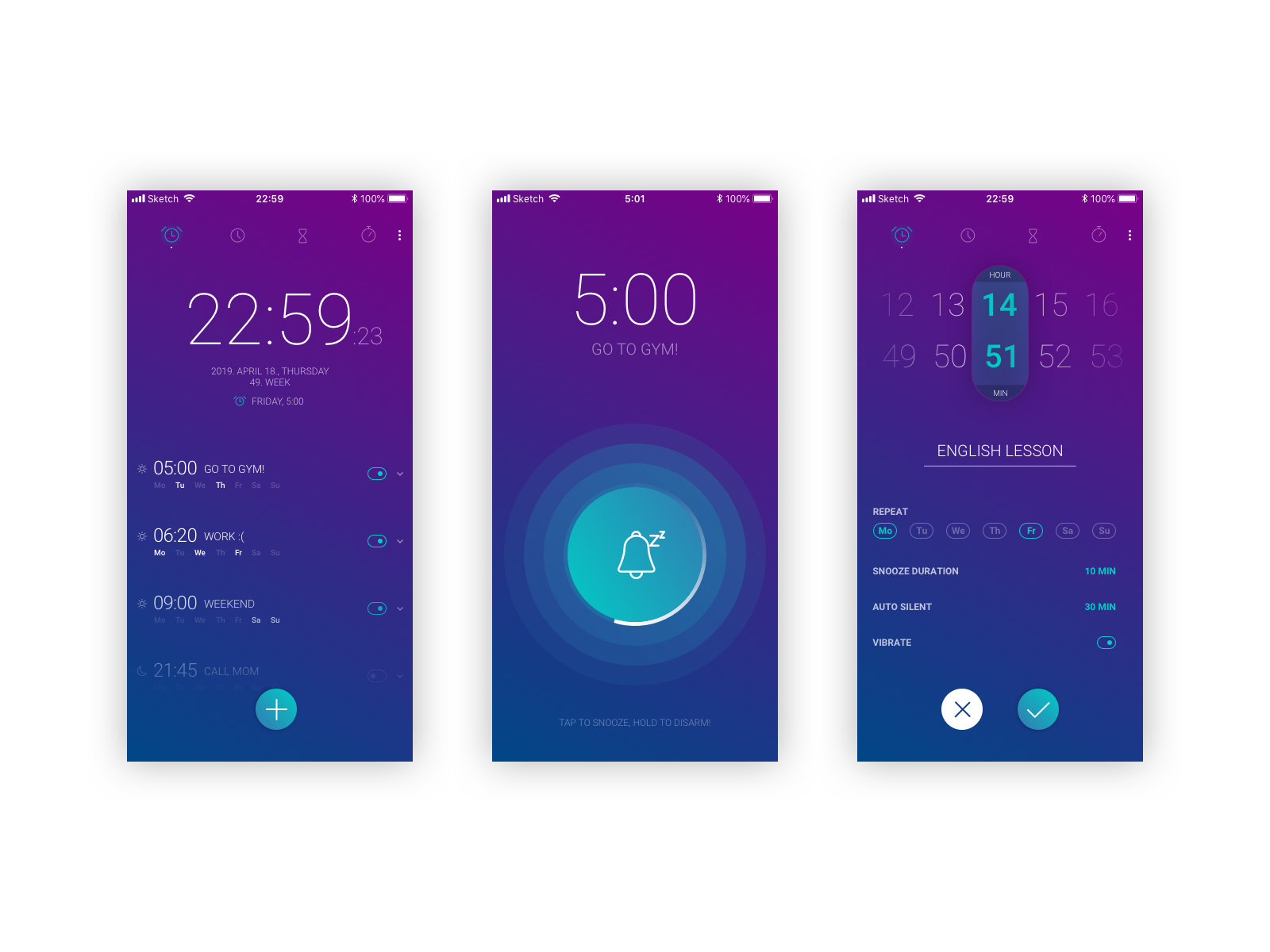 Alarm app screens by Berlin Gábor on Dribbble