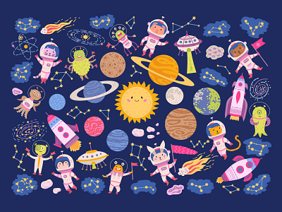 Charming animal astronauts in space animal design illustration planet roket space spaceship vector vector illustration