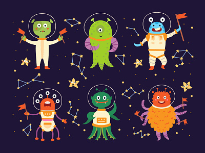 Monster aliens in space suits. Cartoon characters animal constellation design illustration space stars vector illustration