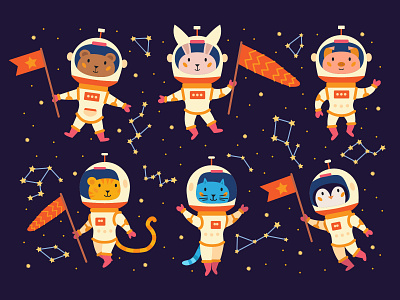 Set of animal astronauts in space suits.