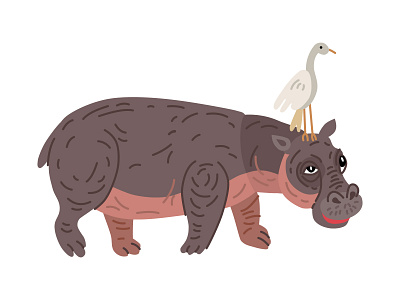 Hippo. Illustrations for children. africa animal bird design exotic illustration savanna tropic vector illustration