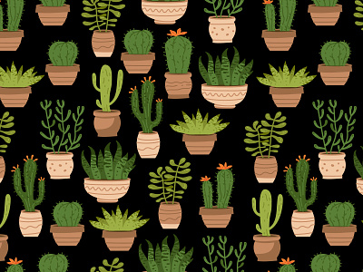Seamless pattern of cacti. Home jungle. adobe illustrator cacti flat style houseplants nature pattern pots seamless pattern succulents textile design vector illustration
