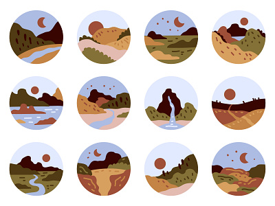 Abstract landscape view icon set. Sketch adobe illustrator flat style icon landscape moon mountains river sea set sketch sun vector illustration view